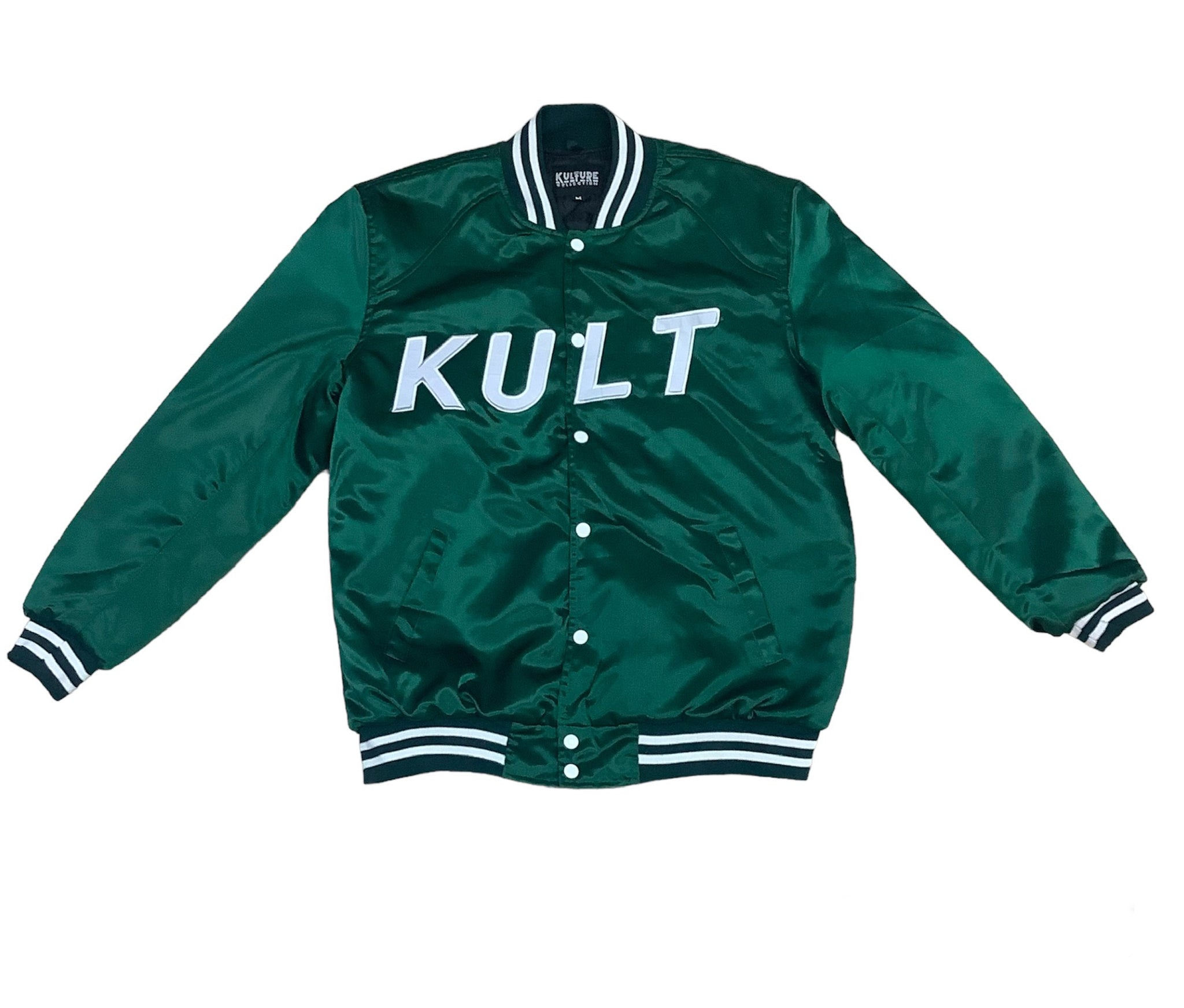 Green satin hot sale baseball jacket